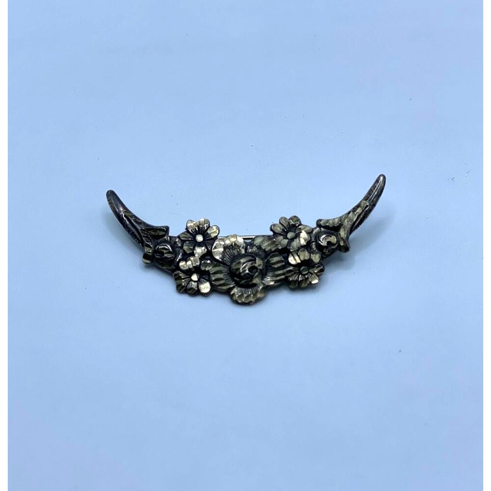 Vintage Sterling Silver Brooch Floral Half Moon Brooch